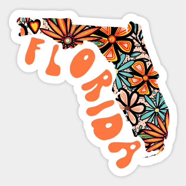 Florida State Design | Artist Designed Illustration Featuring Florida State Outline Filled With Retro Flowers with Retro Hand-Lettering Sticker by MarcyBrennanArt